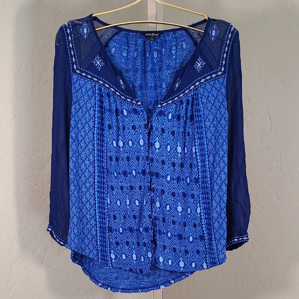 Lucky Brand Blue Patterned Blouse Embroidery Small